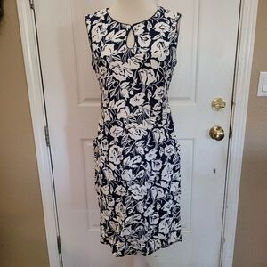 Lands End Dress Sheath Blue White Floral Sexy Aloha Size 8 Medium